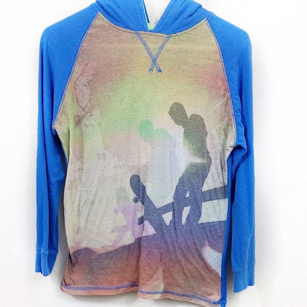 Distressed skateboard hooded tee Sz L